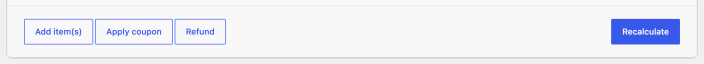 WooCommerce order item action buttons: Add item(s), Apply coupon, Refund, and Recalculate.