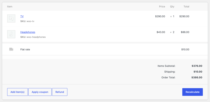 WooCommerce order items panel showing two products, flat-rate shipping, order totals, and item action buttons.