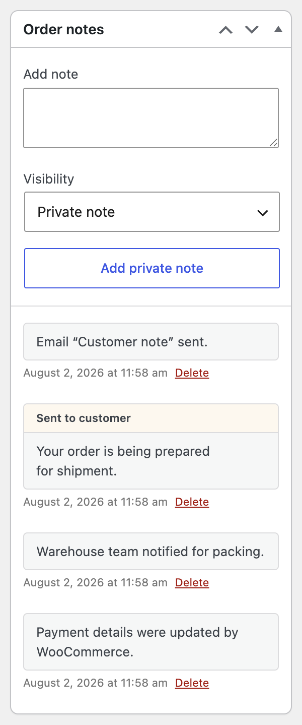 WooCommerce Order notes panel showing the add-note form and examples of customer, private, and system notes.