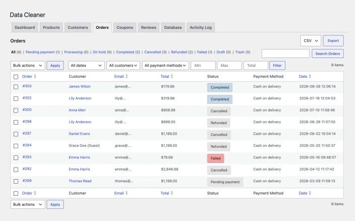 Orders clean up page of Data Cleaner for WooCommerce