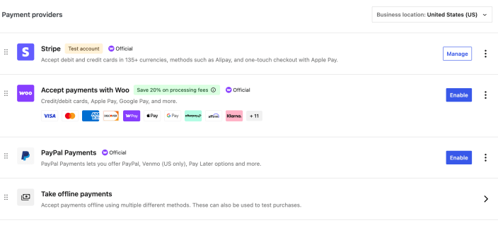 WooCommerce Payment providers list with drag handles and Enable and Manage controls.