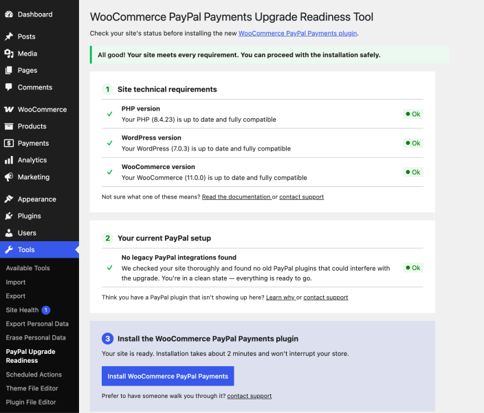 WordPress admin screen for the Upgrade Readiness Tool with the expanded admin menu, compatible PHP, WordPress, and WooCommerce versions, no legacy PayPal integrations, and the install button for WooCommerce PayPal Payments.