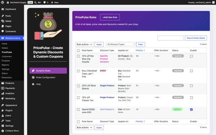 The PricePulse rules list showing five rules with their discount type, what they apply to, priority, offer duration, an Active or Inactive status and an Enable checkbox.