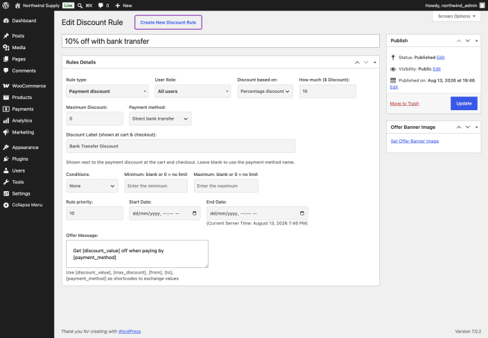 The Payment discount rule editor with Direct bank transfer selected, a 10 percent discount and a discount label of Bank Transfer Discount.