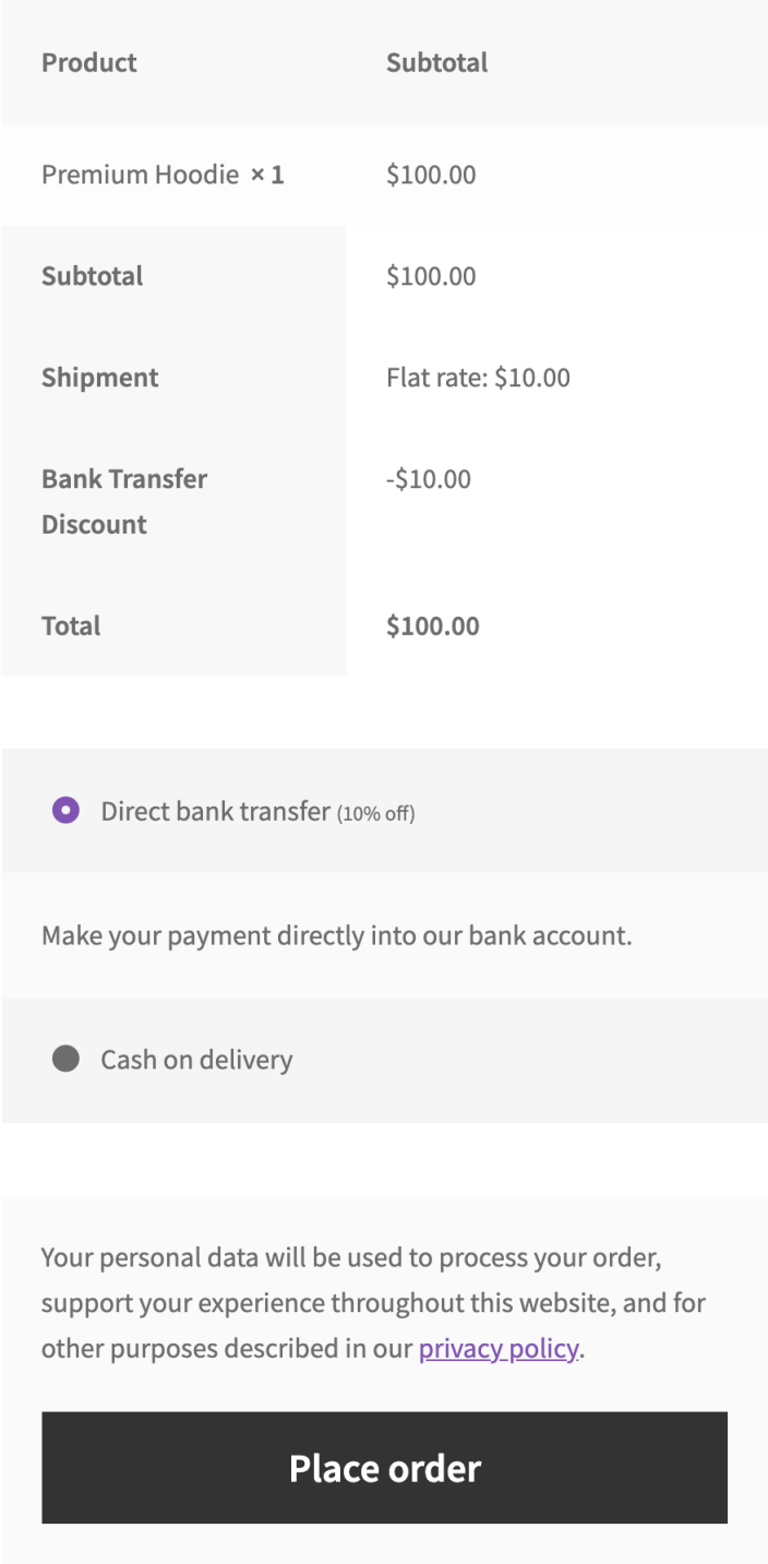 The checkout order summary showing a Bank Transfer Discount line of minus ten dollars, and the Direct bank transfer payment method labeled 10 percent off.