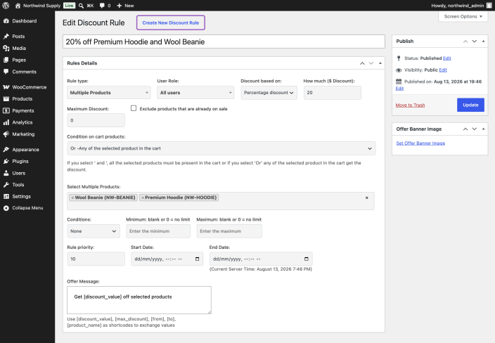 The Multiple Products rule editor with two products selected and the Condition on cart products setting showing the And and Or choices.