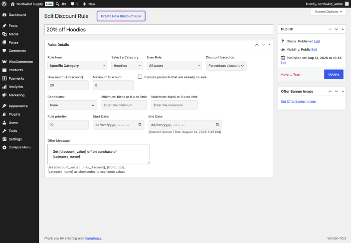 A Specific Category rule giving 20% off the Hoodies category, showing the rule type, category, user role, discount amount, maximum discount, conditions, priority, dates and offer message fields.