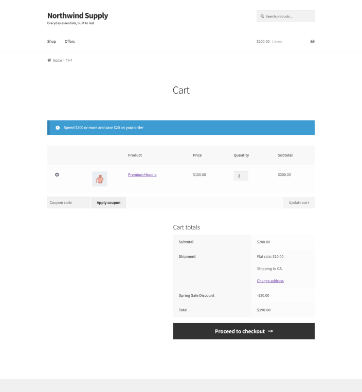 The cart totals showing a subtotal of 200 dollars, a Spring Sale Discount line of minus 20 dollars, flat rate delivery and the order total.
