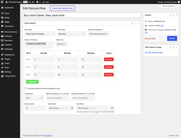 The Tiered rule on Product editor with three quantity bands: 2 to 3 at 10 percent, 4 to 9 at 20 percent and 10 upwards at 30 percent.