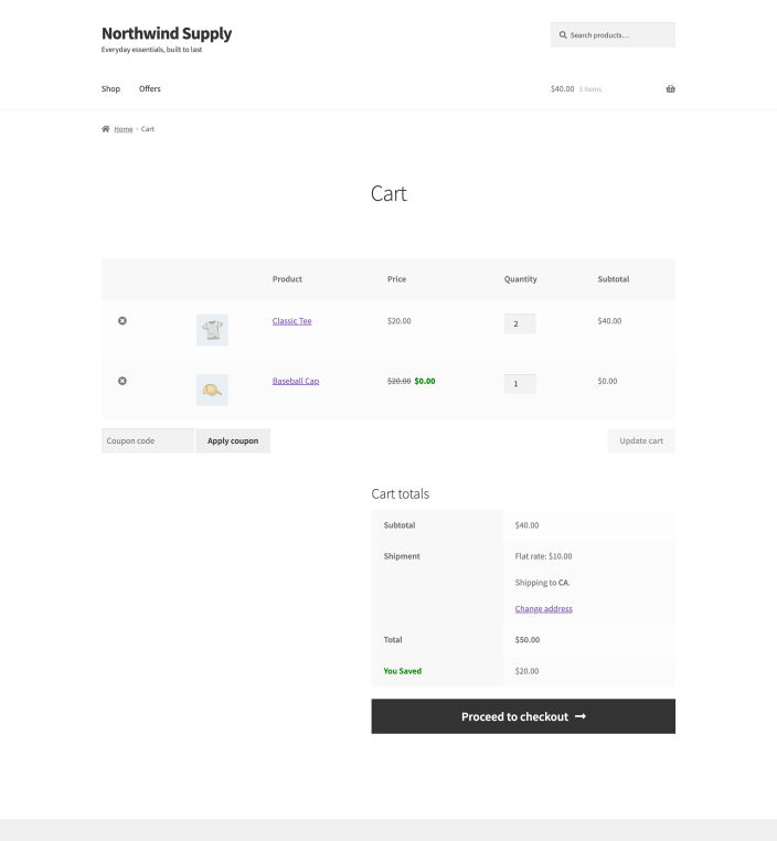 The classic cart with two Classic Tees at 20 dollars each and a free Baseball Cap line showing 20.00 dollars struck through and 0.00 dollars charged.