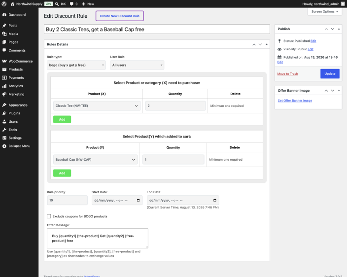 The BOGO rule editor showing the buy section with Classic Tee quantity 2 and the get-free section with Baseball Cap quantity 1.