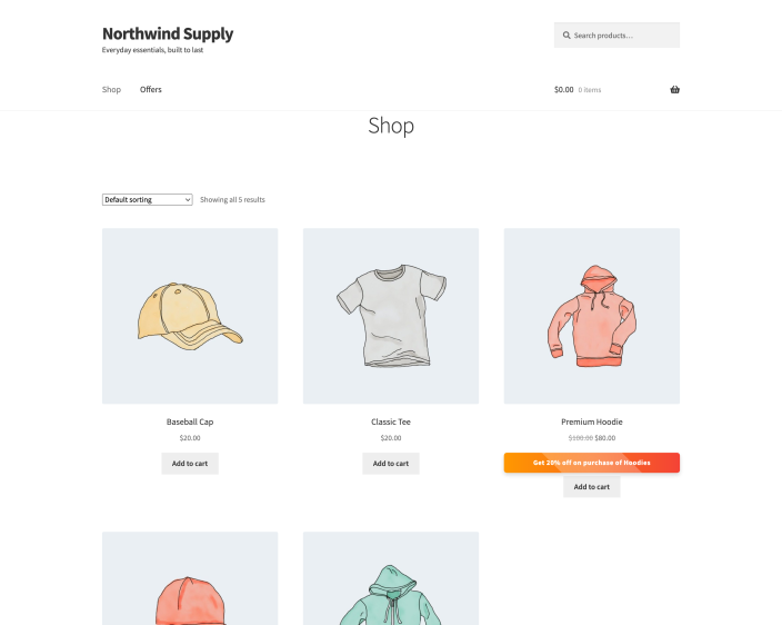 The shop page listing five products with discounted prices shown beside the original struck-through prices.