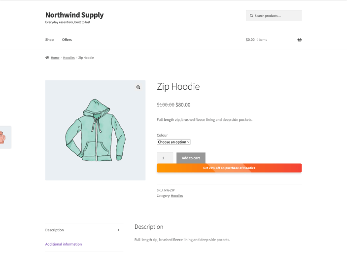 The Zip Hoodie product page showing 100.00 dollars struck through beside 80.00 dollars, with an offer message reading Get 20 percent off on purchase of Hoodies.