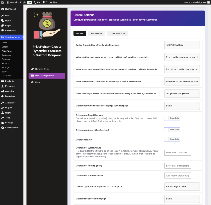 The General settings tab showing the rule combination mode, coupon handling and price display options.