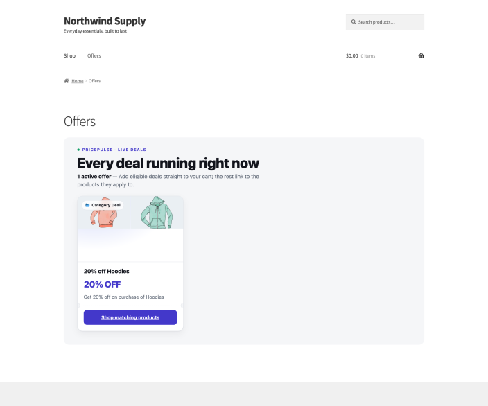 The offers page with a live count of four active offers, filter chips for offer families, and one card per running offer with its own call to action.