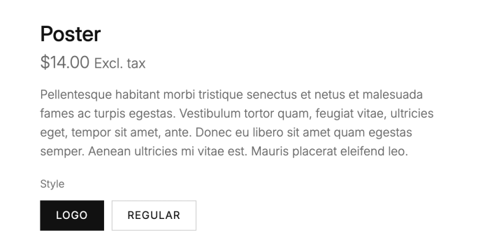 A selected product variation with the Excl. tax price suffix
