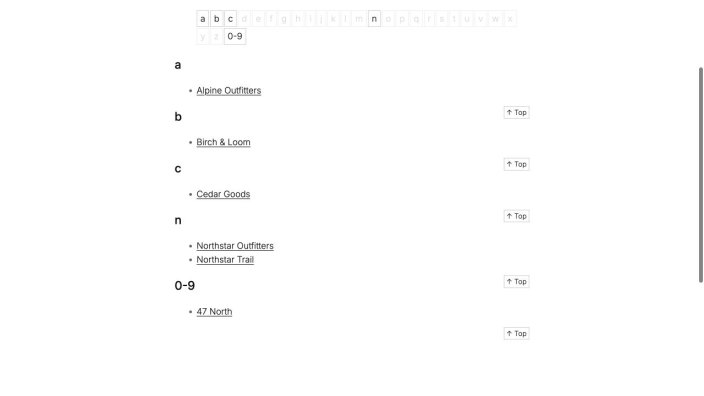 Product brand A-Z index showing alphabet links and example brands in WooCommerce.