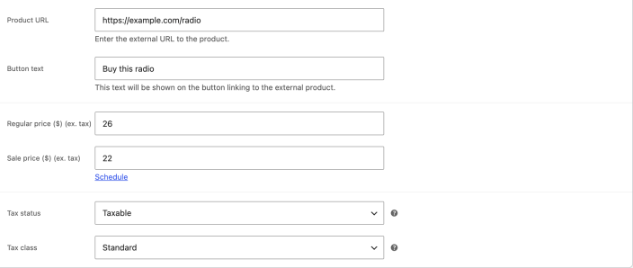 General settings for an External or Affiliate product showing an example product URL, button text, prices, and tax settings.