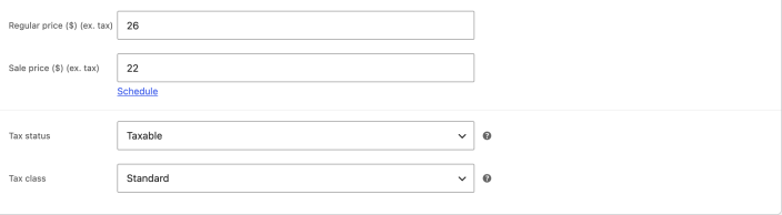 General settings for a Simple product showing regular and sale prices, tax status, and tax class.