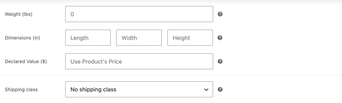 Shipping product settings with weight, dimensions, declared value, and shipping class