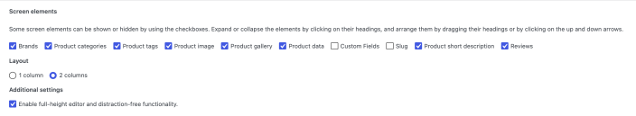 Product Editor Screen Options panel showing controls for panels, layout, and additional settings