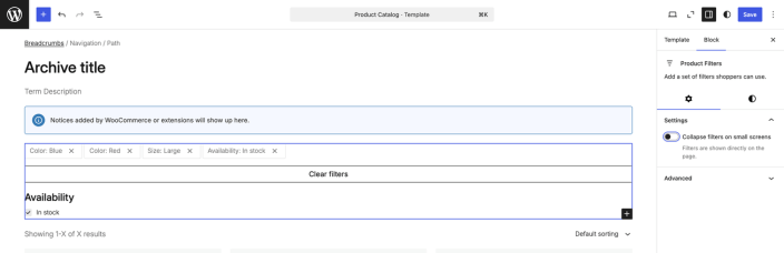 Product Filters block settings showing the Collapse filters on small screens control in the Product Catalog template editor