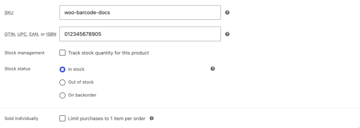 The Inventory panel in the WooCommerce classic product editor, showing the SKU and GTIN, UPC, EAN, ISBN fields.