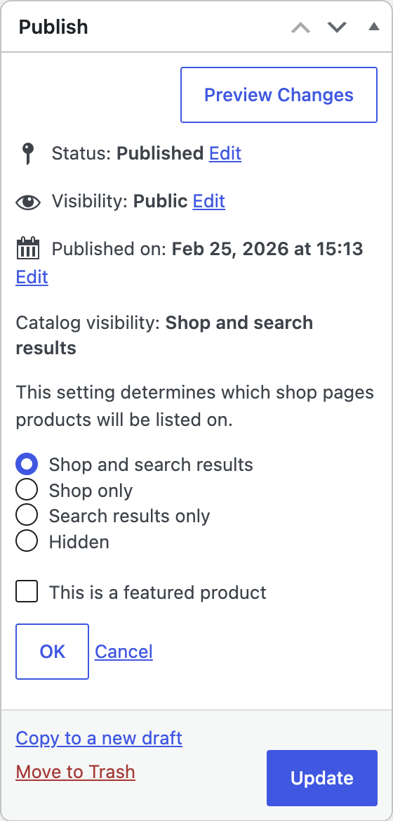 Publish panel with catalog visibility and featured product options expanded.