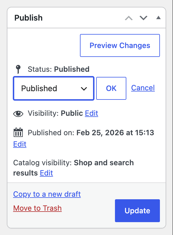 Publish panel with the product status options expanded