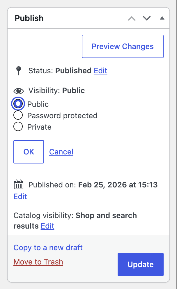 Publish panel with Public, Password protected, and Private visibility options