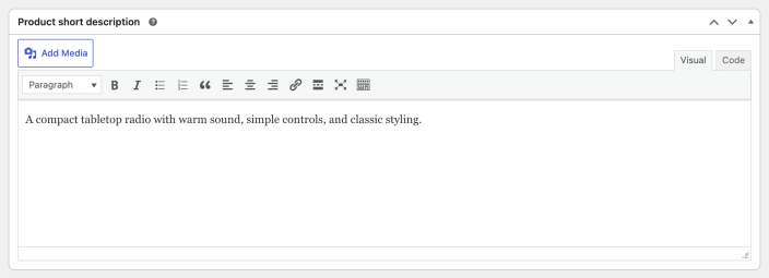 Product short description editor with a concise Radio summary
