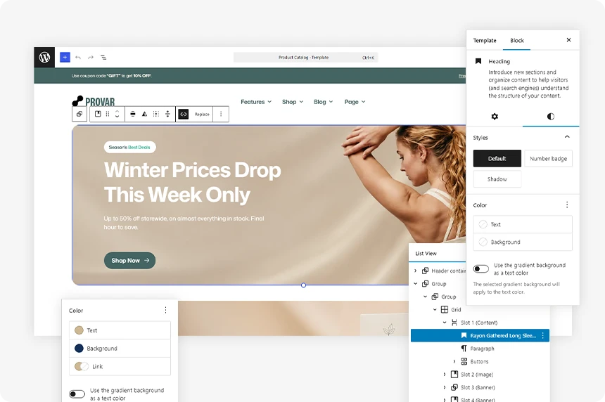 Full site editor interface showing visual customization for WooCommerce stores