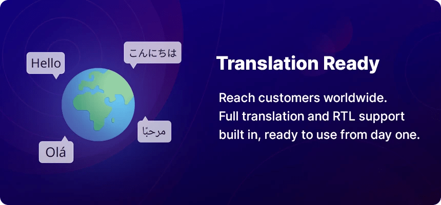 Translation Ready: reach customers worldwide with full translation and RTL support built in, ready to use from day one