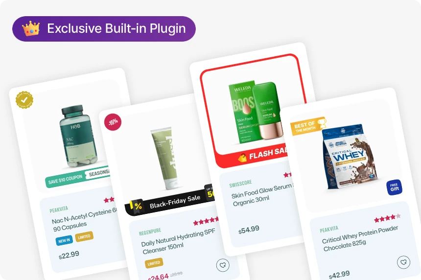 Promotion badges on products showing discounts and offers