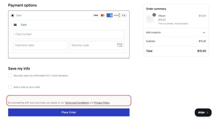 Purple Checkout block showing WooPayments, an Album order summary, the terms and privacy notice, and an active Place Order button.