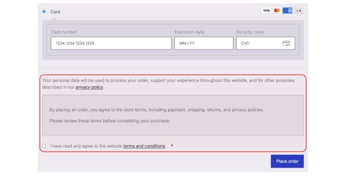 Purple classic checkout showing WooPayments and the expanded terms and conditions with the acceptance checkbox.