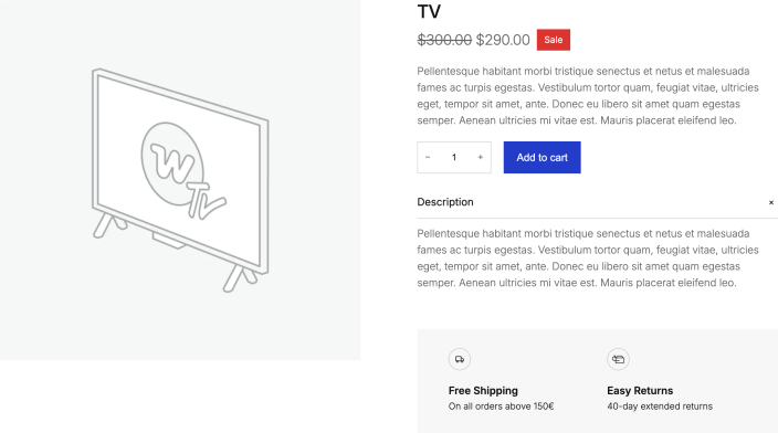 Purple theme product page showing the TV product image, sale price, quantity selector, and Add to cart button.