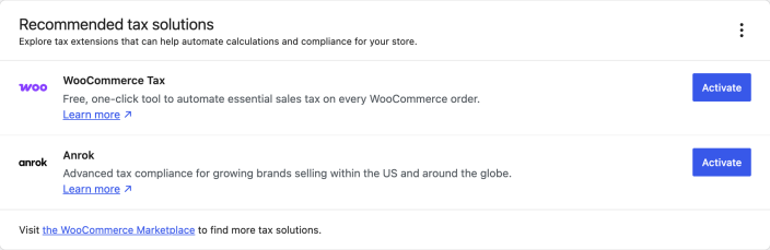 Recommended tax solutions panel on the WooCommerce Tax settings screen