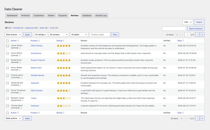 Reviews cleanup page of Data Cleaner for WooCommerce
