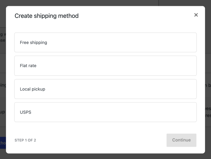 Add shipping method dialog with available WooCommerce shipping methods.