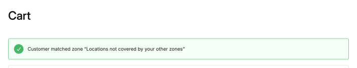 Purple theme cart displaying the matched shipping zone notice when debug mode is enabled.