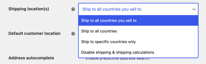 WooCommerce General settings with the Shipping location(s) dropdown open, showing all available options.
