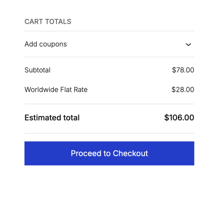 Cart totals for an address outside the United States showing the Worldwide Flat Rate option.