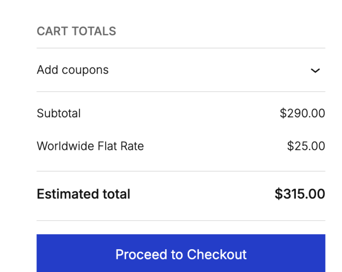 Purple theme cart showing the Worldwide Flat Rate for an address outside the United States
