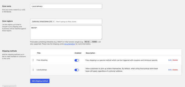 Shipping zone editor showing California selected with the 90210 postcode wildcard.