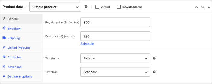 WooCommerce Product data panel showing Simple product pricing and tax settings.