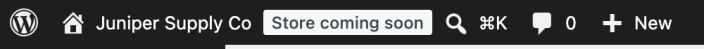WordPress admin bar for Juniper Supply Co showing the Store coming soon status badge.