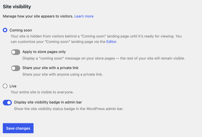 WooCommerce Site visibility settings with Coming soon selected, store pages and private link controls, the admin-bar badge toggle, and an enabled Save changes button.