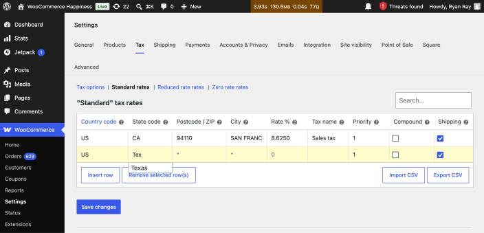 State code field suggesting Texas after Tex is entered