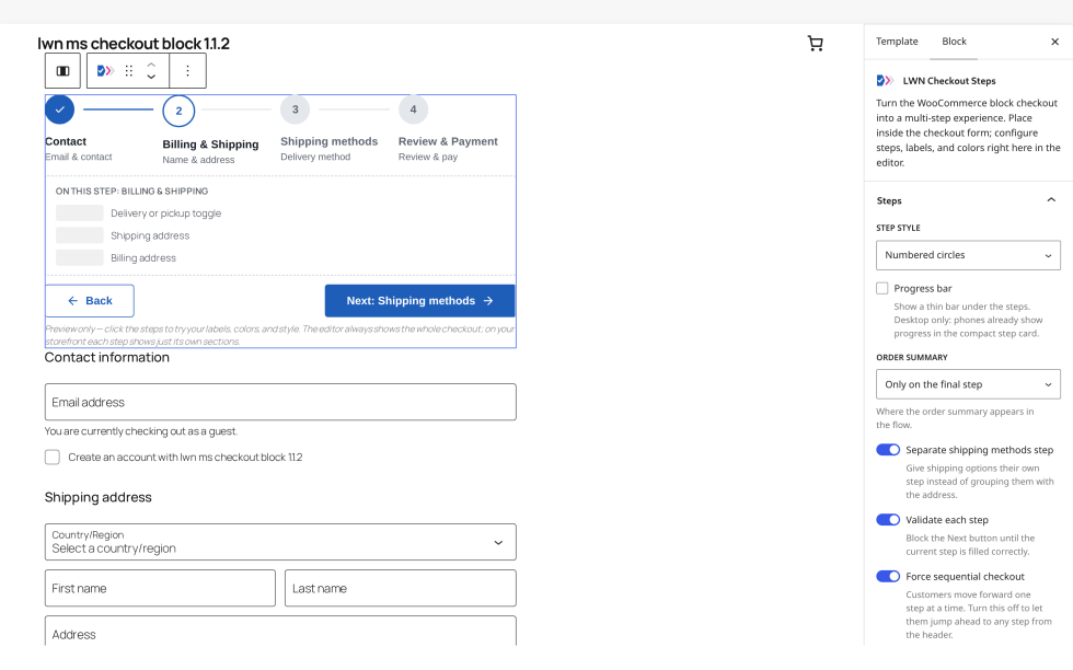 LWN Checkout Steps block selected in the Site Editor, with its Steps settings panel open in the sidebar